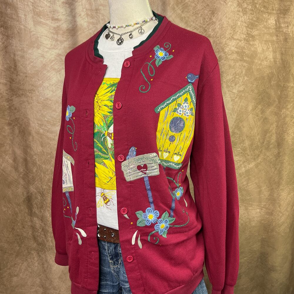 Vintage Birdhouse Cardigan Sweater Floral Button Up Burgundy 90s Cottagecore